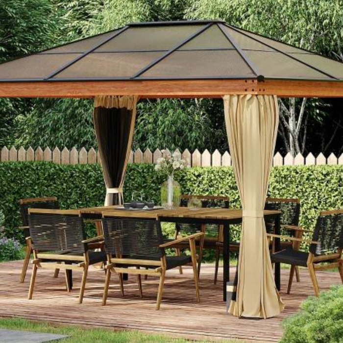 A contemporary garden gazebo with a polycarbonate roof and side curtains