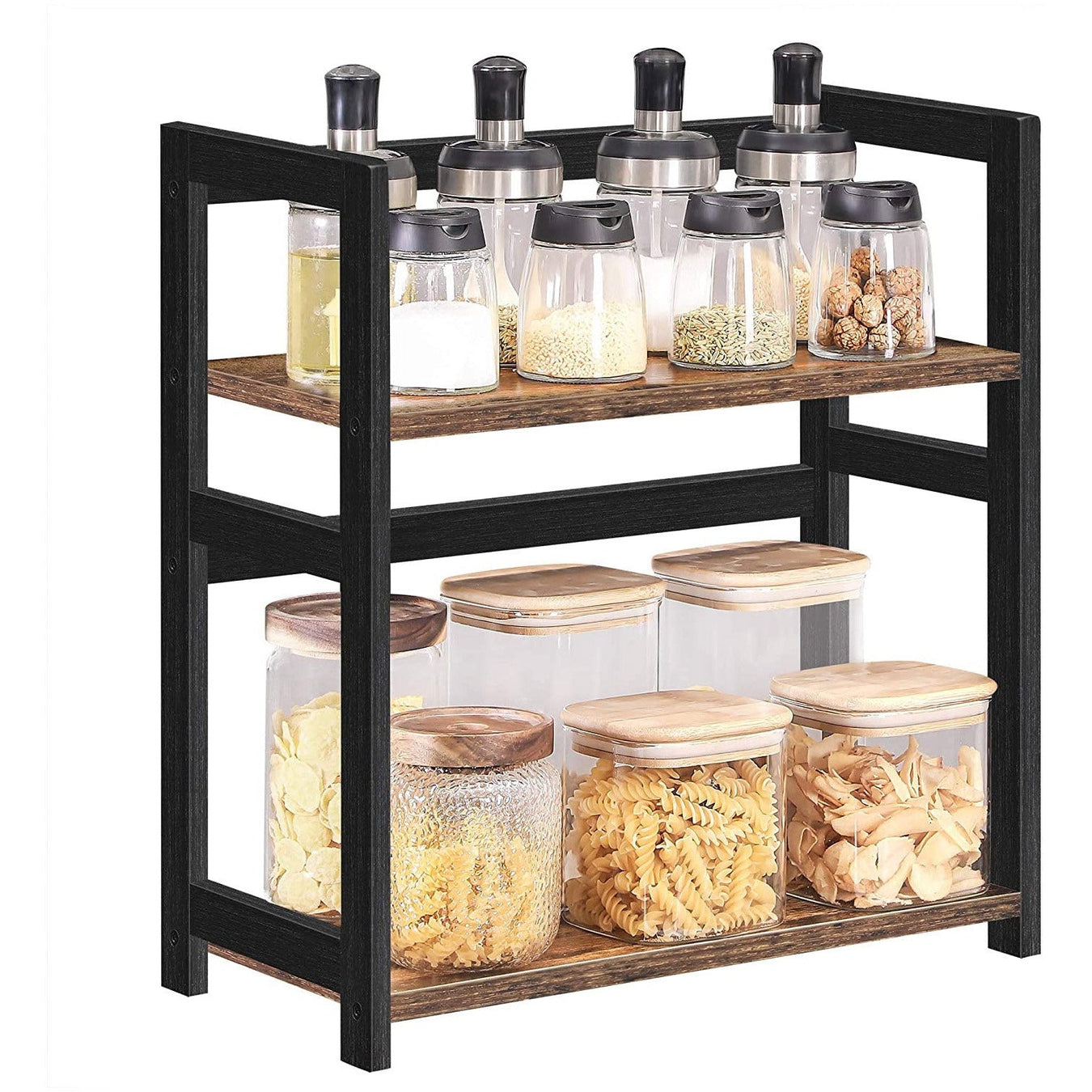 Picture of a spice rack with various storage jars and pots