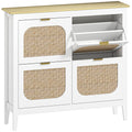 Slim Shoe Storage Cabinet for Hallway with Boho Style Rattan Doors and Oak Top Holds 20 Pairs White 105x24x95cm Homcom