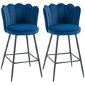 Set of 2 Dark Blue Velvet Bar Stools with Lotus Backrest for Kitchen or Home Bar