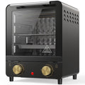 Black 15L mini oven with gold-tone control knobs and glass front on a white background