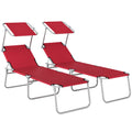 Reclining Sun Lounger Set of 2 with Adjustable Canopy for Garden or Patio, Red Outsunny