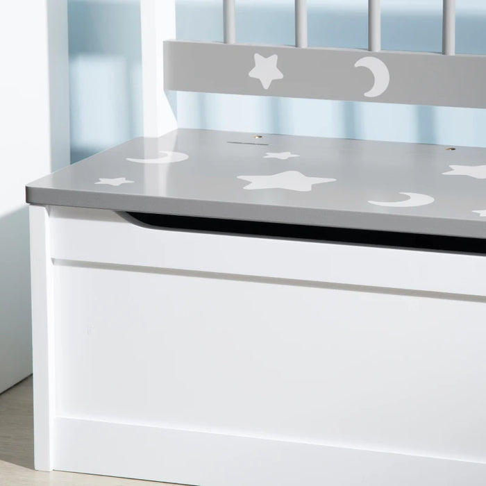 2-IN-1 Wooden Toy Box: Grey, Star & Moon, Safety Rod