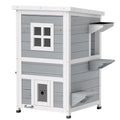 PawHut 2-floor grey outdoor cat house with a window, jump platforms and openable roof, studio shot
