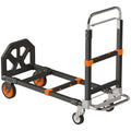 Black and orange folding sack truck set up as a 4-wheel platform trolley with raised handle