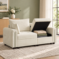 2 seater velvet sofa in a sunlit living room with one seat lifted to show folded blankets stored inside