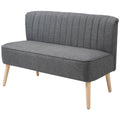 Dark grey channel-tufted 2 seater sofa with wooden legs on a white background