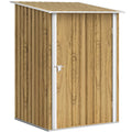Outsunny lean-to steel garden shed in light brown wood-effect finish with white door and trim, closed door studio shot