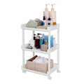White 3-shelf plastic storage trolley on castors holding toiletries and folded towels