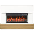 White 3-sided electric fireplace with a natural wood-tone base and log flame effect on a white background