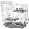 Pawhut grey 3-tier hamster cage with tunnels, hut and exercise wheel on a plain background