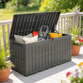 440L Waterproof Plastic Garden Storage Box With Bench Seat For Garden Tools & Cushions Wood Effect Coffee