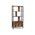 Rustic brown and black 4 tier bookcase with a 2 door cabinet base on a white background
