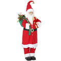 Red Santa Claus figure with gift box and green sack on a white background