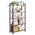 Rustic brown 5 tier bookcase with a black steel frame holding books and baskets