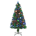 Front view of the green 5ft fibre optic Christmas tree with star lights on a black metal stand