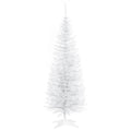 White unlit pencil Christmas tree on a white plastic stand, white background