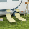 Set of 2 Beige Foldable Sun Loungers with Adjustable Backrest and Canopy for Garden or Beach Outsunny