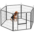 Black 6 panel dog playpen with door and a beagle sitting inside on a white background