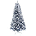Studio shot of a 6ft blue snow-flocked Christmas tree on a white metal stand