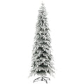 Studio shot of a slim 7ft snow-flocked Christmas tree on a black metal stand