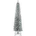 7ft white snow-flocked pencil Christmas tree on a green metal stand, studio shot