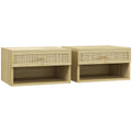 Set of 2 Wall Mounted Bedside Tables with Rattan Panels for Bedroom Storage Wood Effect