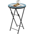 Blue Round Mosaic Garden Side Table 35.5cm Folding Metal Frame for Balcony or Patio