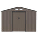 Image of a brown 9 x 6 foot metal garden shed with an apex roof and double doors