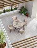 Bali 4 seater round ceramic glass garden dining set from above, natural 120cm top with four sandstone rope chairs