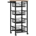 Kitchen Storage Trolley with 4 Mesh Baskets and Wood Effect Top for Extra Worktop Space Oak Black