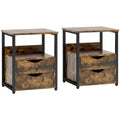 Set of 2 Rustic Brown Industrial Side Tables With Drawers and Storage Shelf by HOMCOM