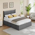 Double Ottoman Bed Frame With Lift Up Storage - Grey Linen Upholstered Headboard - Easy Assembly VASAGLE