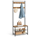 Walnut Brown and Black Coat Rack with Hooks and Storage Shelf for Entryway by Vasagle