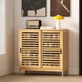 Hallway Shoe Cupboard with Sliding Louvered Doors, Recessed Handled, Adjustable Shelves, Natural