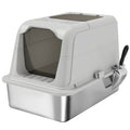 Enclosed Stainless Steel Litter Tray For Cleaner Floors, Scoop, 2 Doors, Light Grey