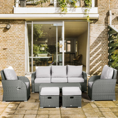 Image of an Outsunny 7 Seater Rattan Garden Furniture Set With Coffee Table Footstools and Reclining Armchairs Grey Rattan and Light Grey Cushions