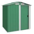 Image of a small green metal garden shed with an apex roof and single sliding door