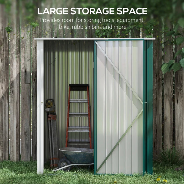 Image of a small green metal garden storage shed measuring 5 by 3 feet with a pent roof and single door to the front