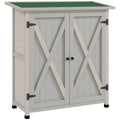 Image of a white wooden garden storage cabinet with a green felt roof
