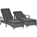Image of a set of rattan sun loungers with cushions, wheels, and arms - Grey