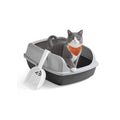 Slate Grey high sided open cat litter box with a cat stepping out and the included scoop