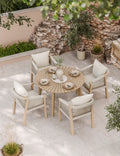 Roma 4 seater round terrazzo garden dining set from above, acacia sunray top with four rope chairs