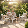 Rattan Garden Furniture Set for 4 with Cushions and Glass Coffee Table Cream White