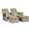 Rattan Garden Reclining Lounger Set with Footstools and Side Table Khaki Beige
