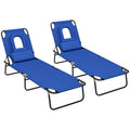 Blue Folding Sun Lounger Set of 2 with Adjustable Backrest and Face Hole for Garden Use