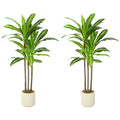 Artificial Dracaena Trees Set of 2 for Easy Maintenance Indoor Greenery with White Planters Green