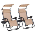 Beige Zero Gravity Garden Sun Lounger Set with Headrests Cup Holders and Canopy Shade