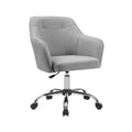 Image of a modern office chair upholstered in a stylish grey linen fabric with wheels and adjustable height.