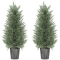 Set of 2 UV Resistant Artificial Cypress Trees with Decorative Pots for Indoor Outdoor Use, Green